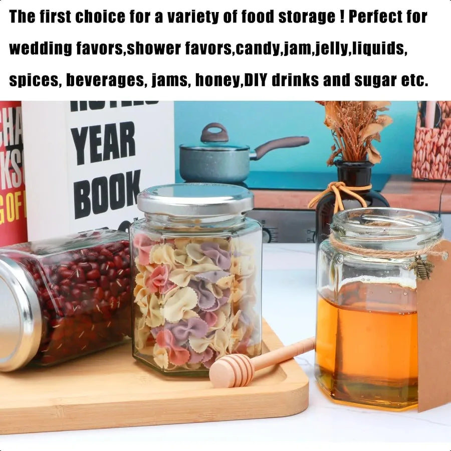 10 oz Honey Jars with Dipper 12 Pack Hexagon Glass Jar with Silver Lids Wooden Sticks for Baby Shower Favors Wedding Favors for