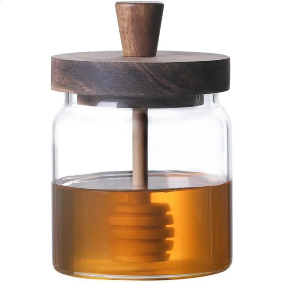 ANSQU Honey Pot Airtight Glass Honey Jar with Dipper Stick and Wooden Lid Honey Containers for Storing Honey Mason Jar for Home
