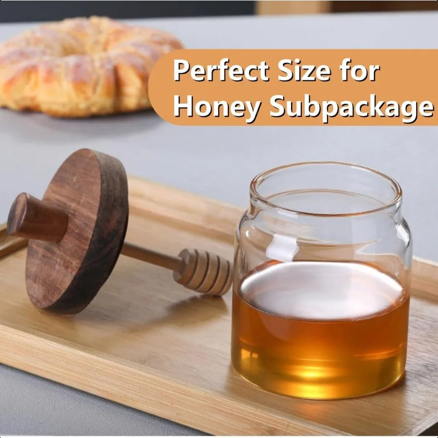 ANSQU Honey Pot Airtight Glass Honey Jar with Dipper Stick and Wooden Lid Honey Containers for Storing Honey Mason Jar for Home