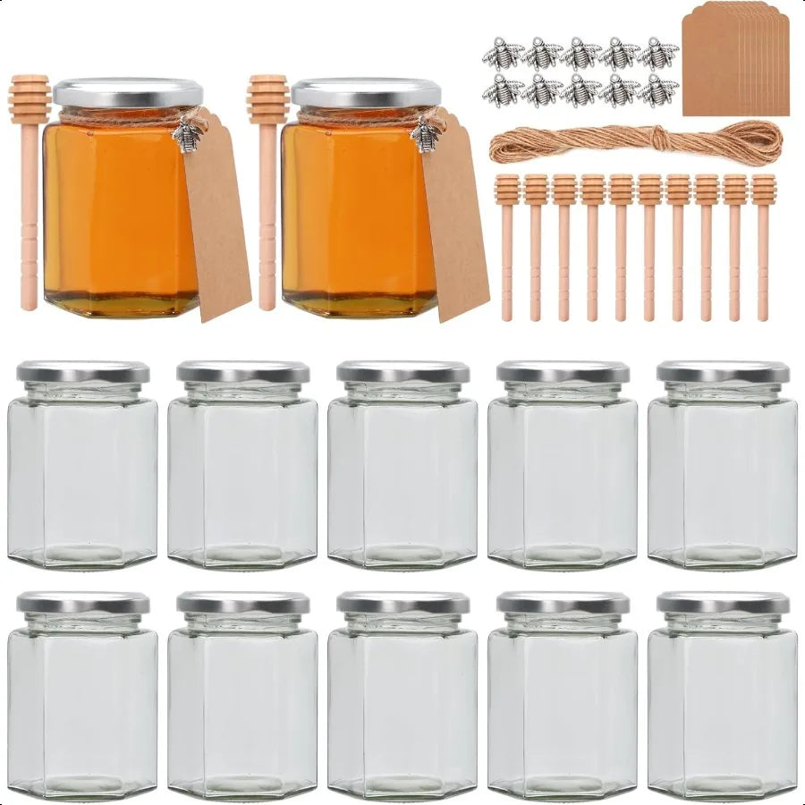 10 oz Honey Jars with Dipper 12 Pack Hexagon Glass Jar with Silver Lids Wooden Sticks for Baby Shower Favors Wedding Favors for